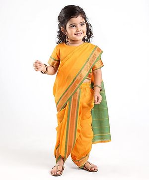 Babyhug Half Sleeves Blouse And Zari Bordered Nauvari Saree - Yellow