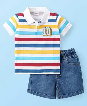 Babyhug Cotton Knit Single Jersey Half Sleeves T-Shirt & Denim Shorts With Striped & Number Applique - White & Navy Blue