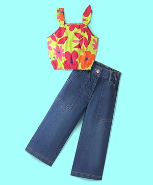 Ollington St. 100% Cotton Sleeveless Top & Denim Jeans With Floral Print - Green & Blue