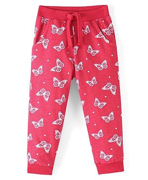 Babyhug Cotton Looper Full Length Lounge Pant With Butterfly Print - Pink