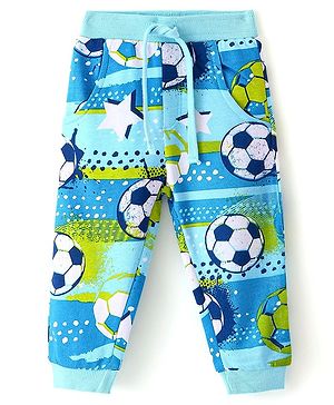 Babyhug Cotton Looper Full Length Lounge and Track Pants Football Print - Blue