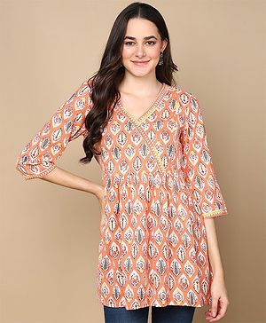 Zelena Three Fourth Sleeves Floral Motif Printed Maternity Top With Concealed Zipper Nursing Access & Side Pocket - Orange