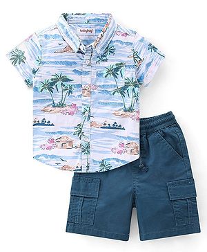 Babyhug 100% Cotton Woven Half Sleeves Shirt with Shorts Set Palm Tree Print - White & Blue