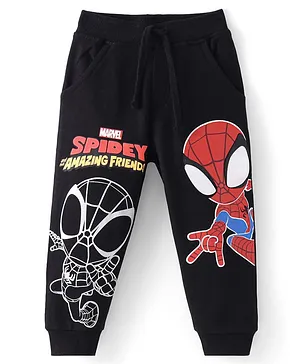 Babyhug Marvel Cotton Looper Full Length Lounge and Track Pant with Spiderman Graphics - Black