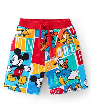 Babyhug Disney Cotton Knit Shorts  With Mickey Mouse Family Print- Multicolour