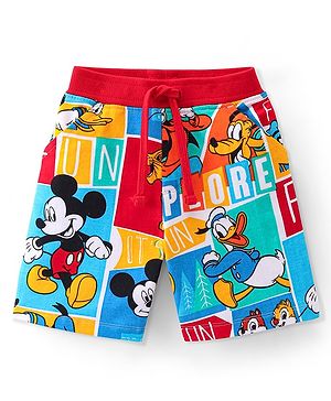 Babyhug Disney Cotton Knit Shorts  With Mickey Mouse Family Print- Multicolour