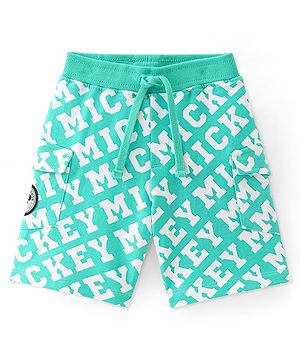 Babyhug Disney Cotton Knit Shorts with Mickey Mouse Print - Green