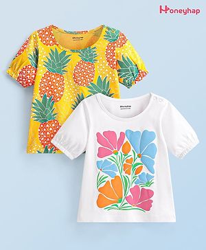 Honeyhap Premium  100% Cotton  Jersey Knit Tops with Pineapple & Floral Print  Pack of 2 - Bright White & Orange