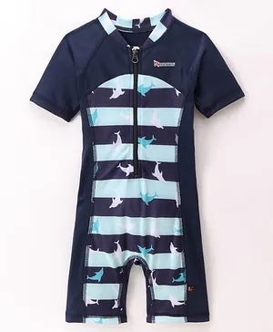 ROVARS Lycra Half Sleeves Dolphin Printed Legged Swimsuit - Blue