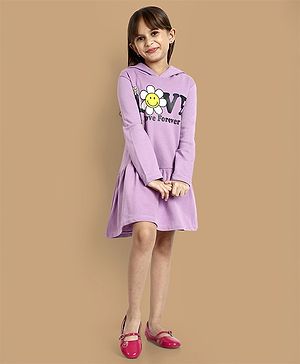 Little Marine Full Sleeves Love Forever Text Printed Hooded Winter Dress - Purple