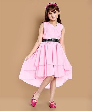 Little Marine Sleeveless Pleated & Sequin Embellished High Low Dress - Peach