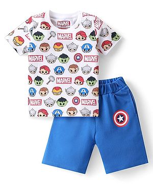 Babyhug Marvel  Cotton Knit Half Sleeves T-Shirt & Shorts Set with Avenger Print - Blue & White