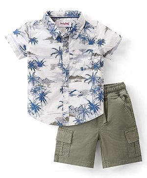 Babyhug Cotton Woven Half Sleeves Shirt & Shorts Set with Tree Print - White & Green