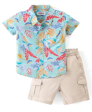 Babyhug 100% Cotton Half Sleeves Shirt & Shorts With Tropical Print - Blue & Beige