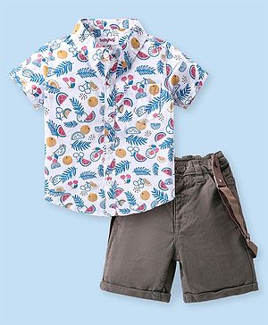 Babyhug Cotton Woven Half Sleeves Tropical Printed Shirt & Shorts Set With Suspender - White & Grey