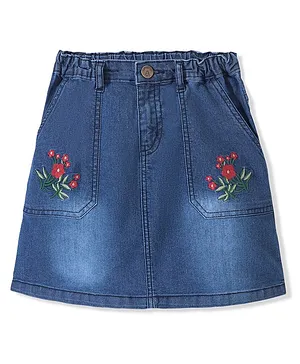 Pine Kids Denim Above Knee Length With Floral Embroidery Washed Skirt - Blue