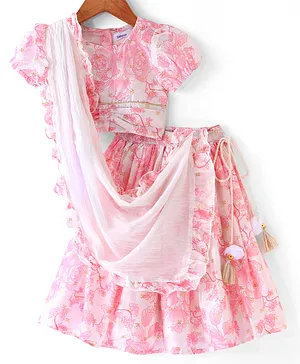 Babyoye Cotton Half Sleeves Choli Lehenga Set with Dupatta Floral Print - White & Light Pink