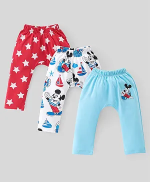 Babyhug Disney 100% Cotton Knit Interlock Full Length Stars & Mickey Mouse Print Diaper Leggings Pack of 3 - Red White & Blue