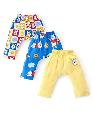 Babyhug Disney 100% Cotton Interlock Knit Full Length Diaper Legging Winnie The Pooh Print Pack Of 3 - Yellow White & Blue