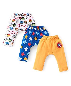 Babyhug Marvel 100% Cotton Interlock Knit Full Length Diaper Legging Avengers Print Pack Of 3 - Yellow White & Blue