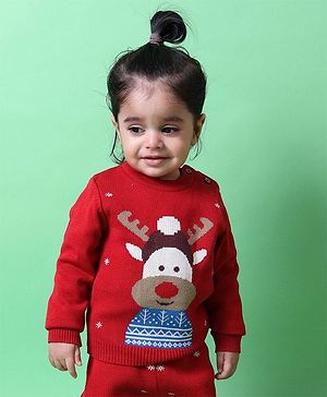 Greendeer 100% Cotton Jacquard Full Sleeves Reindeer Printed Sweater - Cherry Red