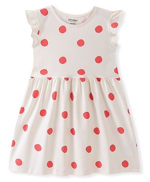 Primo Gino Cotton Elastane Frill Sleeves Dress With Polka Dot Print - Ivory