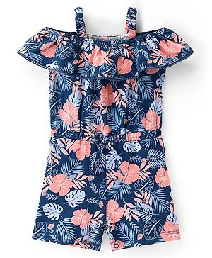 Babyhug Cotton Jersey Knit Cold Shoulder Sleeves Jumpsuit with Bow Applique Leaf Print - Navy Blue