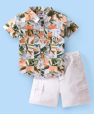 Babyhug 100% Cotton Woven Half Sleeves T-Shirt & Shorts With Tropical Print - White & Green