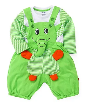 Wow Clothes Elephant Applique Dungaree With T-Shirt - Green