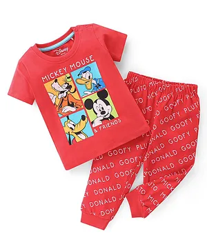 Babyhug Disney Cotton Knit Half Sleeves Night Suit with Mickey Mouse Family Print - Red
