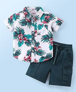 Babyhug Cotton Woven Half Sleeves Shirt & Shorts Set Floral Print - Green & White
