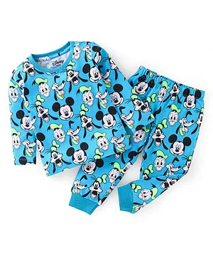 Babyhug Disney Cotton Knit Full Sleeves Night Suit Mickey Mouse Print - Blue