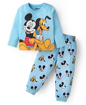 Babyhug Disney Single Jersey Cotton Knit Full Sleeves Mickey Mouse Print Night Suit - Sky Blue