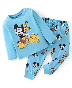 Babyhug Disney Single Jersey Cotton Knit Full Sleeves Mickey Mouse Print Night Suit - Sky Blue