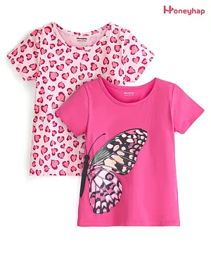 Honeyhap Premium 100% Cotton Single Jersey Half Sleeves Tops Butterfly Print Pack of 2 - Pink