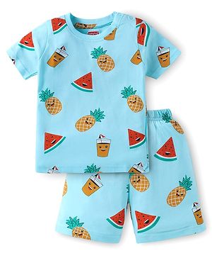 Babyhug Single Jersey Cotton Knit Half Sleeves Fruity Print Night Suit - Blue