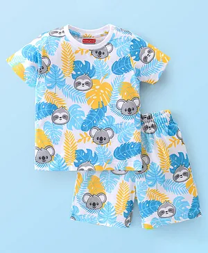 Babyhug Cotton Knit Single Jersey Half Sleeves Night Suit With Koala Print - White Yellow & Blue