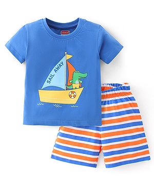 Babyhug Single Jersey Knit Half Sleeves Night Suit With Boat Print - Blue