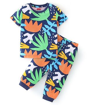 Babyhug Single Jersey Knit Half Sleeves Night Suit Leaf Print - Blue