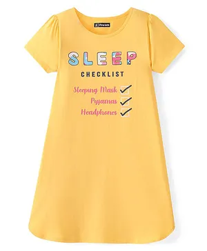 Pine Kids Cotton Knit Half Sleeves Night Gown Text Print - Yellow
