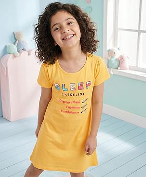 Pine Kids Cotton Knit Half Sleeves Night Gown Text Print - Yellow