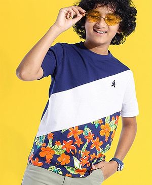 Pine Kids 100% Cotton Knit Half Sleeves T-Shirt Floral Print - Blue Depth