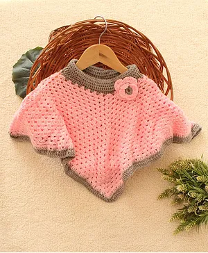 Woonie Half Sleeves Colour Blocked & Flower Applique Detailed  Handmade Poncho - Pink