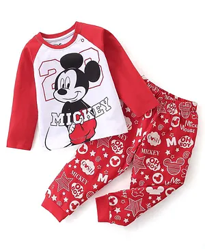 Babyhug Disney Single Jersey Knit Full Sleeves Night Suit Mickey Mouse Graphics - Red