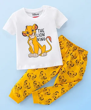 Babyhug Disney 100% Cotton Knit Single Jersey Half Sleeve Night Suit with Lion King Graphics - White & Yellow