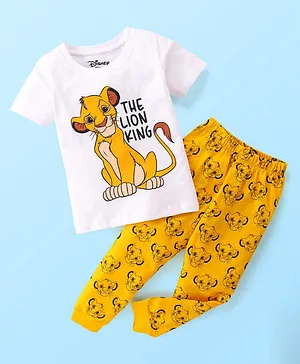 Babyhug Disney 100% Cotton Knit Single Jersey Half Sleeve Night Suit with Lion King Graphics - White & Yellow