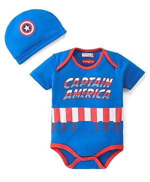 Babyhug Marvel Cotton Interlock Knit Half Sleeves Onesies With Cap & Captain America Graphics - Blue