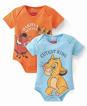 Babyhug Disney 100% Cotton Knit Half Sleeves Onesies With Lion King Graphics Pack Of 2 - Orange & Blue