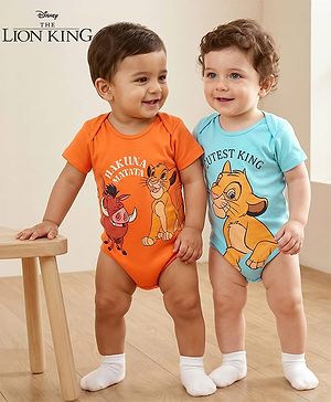 Babyhug Disney 100% Cotton Knit Half Sleeves Onesies With Lion King Graphics Pack Of 2 - Orange & Blue