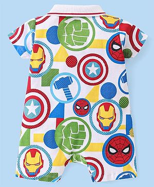 Babyhug Marvel Cotton Knit  Half Sleeves Romper with Pocket & Avengers  Print - Multicolour